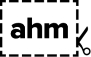 Aglow AHM logo in black, featuring 'ahm' in lowercase letters inside a dotted rectangle with a scissor icon on the lower right corner.