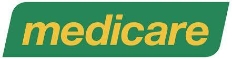 Aglow Medicare logo with the word 'medicare' in yellow lowercase letters on a green, angled rectangular background.