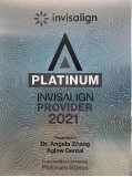 Aglow Plaque displaying 'Invisalign Platinum Provider 2021' certification, awarded to Dr. Angela Zhang of Aglow Dental. The background has a silver metallic texture with wavy lines, and the Invisalign logo is at the top.