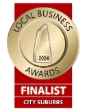 Aglow Badge for the 2024 Local Business Awards, City Suburbs finalist category, featuring a gold medallion with an award icon in the center and a red banner labeled 'Finalist' at the bottom.