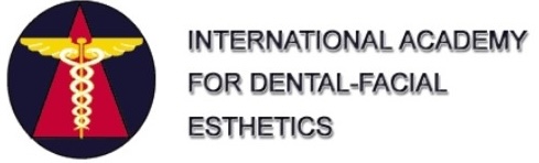 Aglow Logo of the International Academy for Dental-Facial Esthetics, featuring a red triangle with a yellow winged staff symbol (caduceus) in the center, alongside the organization's name in capital letters.