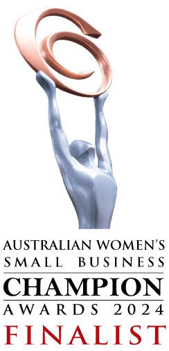 Aglow Logo for the Australian Women’s Small Business Champion Awards 2024 Finalist, featuring a silver human figure holding a swirling bronze design above its head, with the text in black and red beneath.